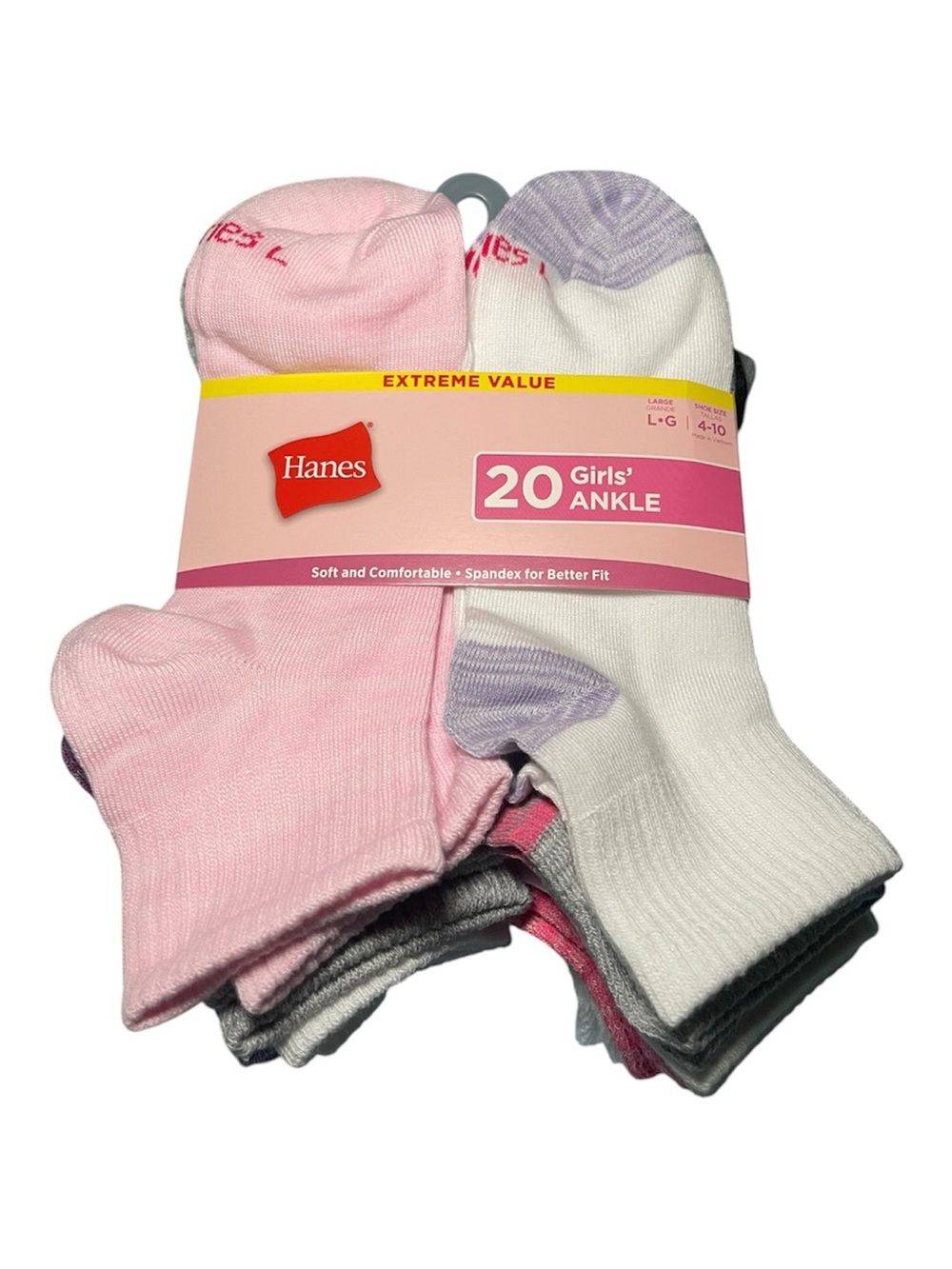 Hanes Girls 20-Pack Ankle Socks Size Large (Shoe Size 4-10) NWT